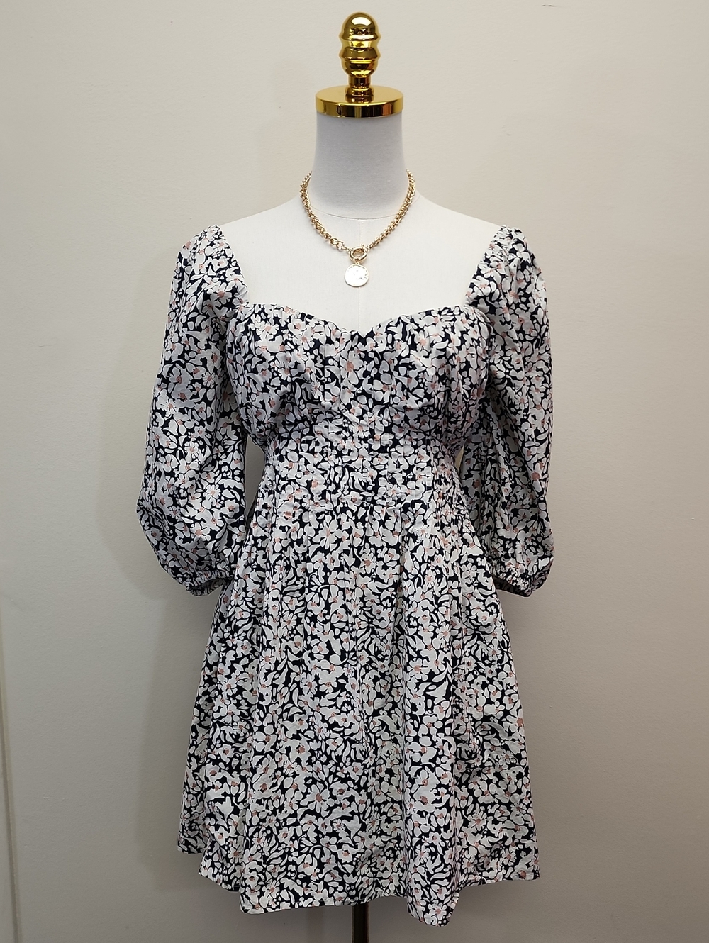 Greylin Elena Floral Puff Sleeve Mini Dress Gray Cream Size XS
